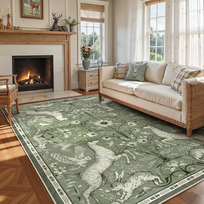 Lahome Boho Animal 6x9 Washable Living Room Area Rugs, Green Soft Rugs for Bedroom, Botanical Large Boho Non Slip Dining Room Carpet for Under Table Office Kids Playroom (6x9ft,Green)