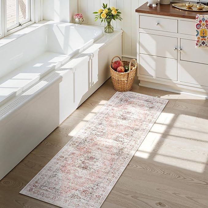 Uphome Bathroom Rugs Runner, Distressed Farmhouse Boho Blush Pink Bath Mat, Non Slip Washable Long Bath Rugs, Vintage Traditonal Soft Bathroom Runner for Bathtub Sink Shower, 18x47 inch