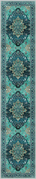 Area Rugs 2'6''x10' Washable Non-Slip, Floral Vintage Distress Print Pattern Medallion Carpet for Living Room Bedroom Dining Room, Teal Green Lake Blue Turquoise