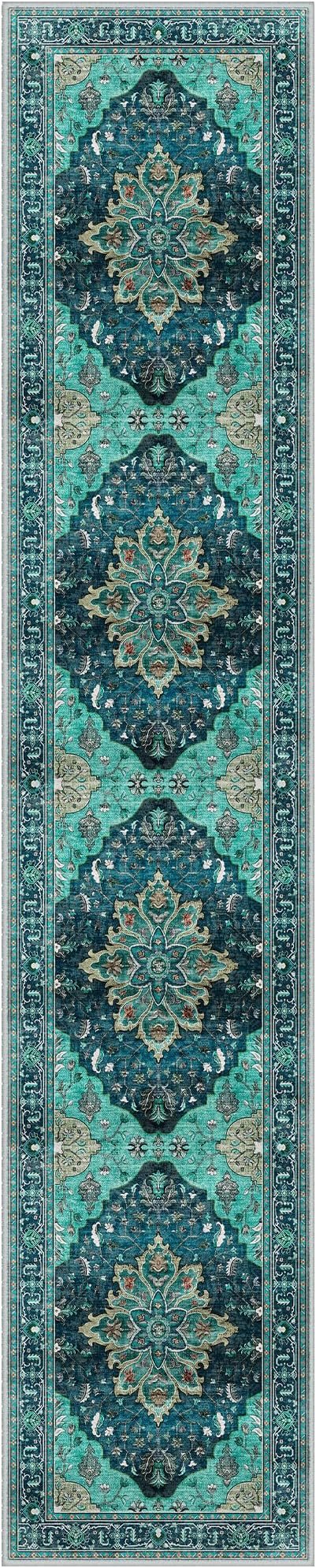 Area Rugs 2'6''x10' Washable Non-Slip, Floral Vintage Distress Print Pattern Medallion Carpet for Living Room Bedroom Dining Room, Teal Green Lake Blue Turquoise