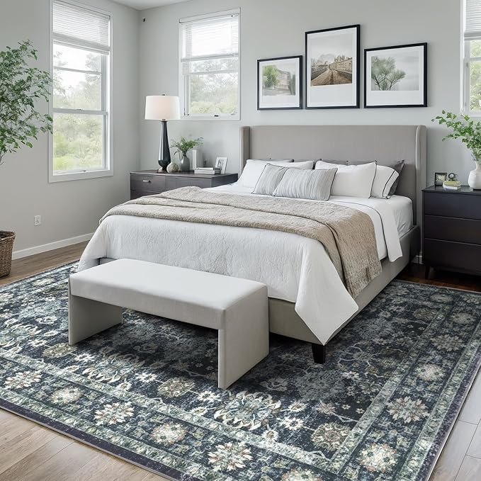 Washable 6×9 Area Rug for Living Room, Vintage Floral Rug Soft Non Slip Stain Resistant Boho Carpet for Indoor Bedroom Dinning Room Home Office Blue/Navy