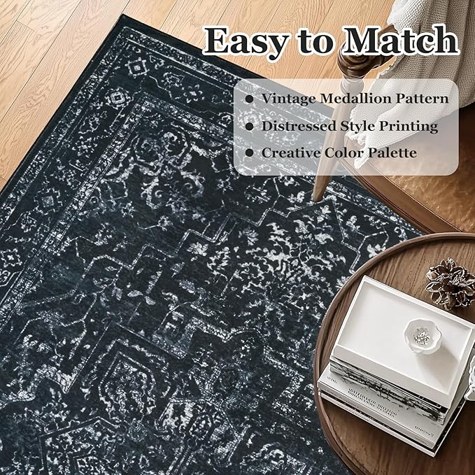Dark Distressed Washable Area Rugs 9x12 Living Room, Black Vintage Medallion Printed Big Carpet Rugs for Bedroom, Washable Non Slip Low Pile Thin Rugs for Dining Room Home Office