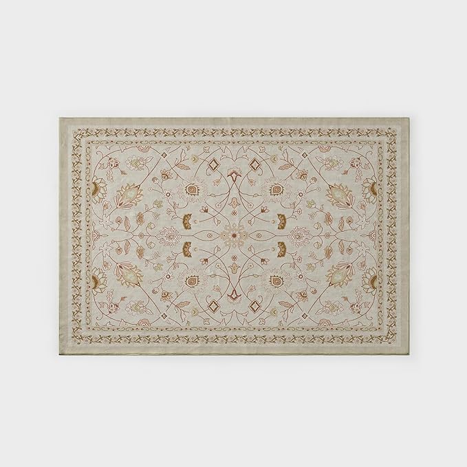 EVERGRACE Area Rugs for Living Room 4x6, Boho Floral Faux Wool Indoor Outdoor Rugs, Washable Rugs for Bedroom Entryway Dining Room Hallyway, Low Pile Floor Mat Carpet for Home Decor, Natural Beige