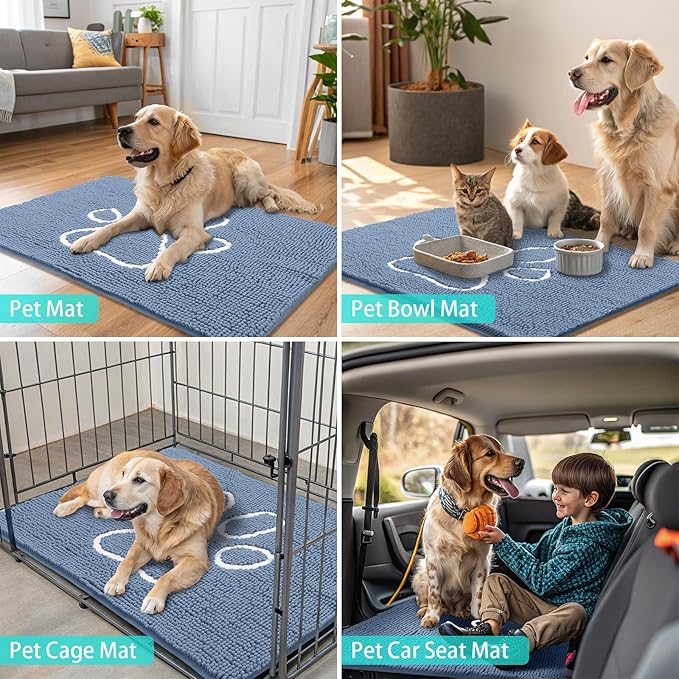 Smiry Dog Door Mat for Muddy Paws, Absorbent Dirt Trapper Non Slip Quick Dry Washable Chenille Mat for Mud Dogs, Entry Rug for Indoor and Outdoor (71x46 Inches, Airy Blue and White)