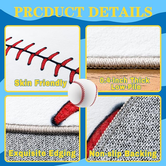 Soft Round Rugs for Bedroom, Baseball Rug for Boys, Bedside Area Kids Carpet, Baseballs Lovers Home Decor Indoor Circle Carpets for Living Room, Nursery, Dorms Machine Washable,47 Inch