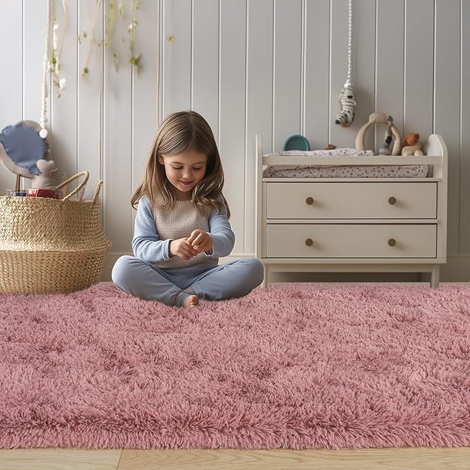 Soft Fluffy Rugs for Bedroom, Blush Pink Fuzzy Shaggy Oval Bedside Area Rug Set of 2, Non-Slip Cozy Plush Shag Carpet for Kids Room Nursery Dorm Living Room, 2.6 x 5.3 Feet