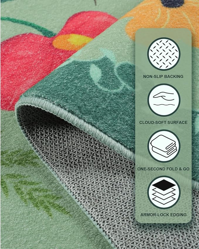 Boho Washable Area Rug 5x7 – Floral Low Pile Non-Slip Carpet for Living Room, Bedroom, Office, Playroom, Entryway, Kitchen, Dining Room (Green)
