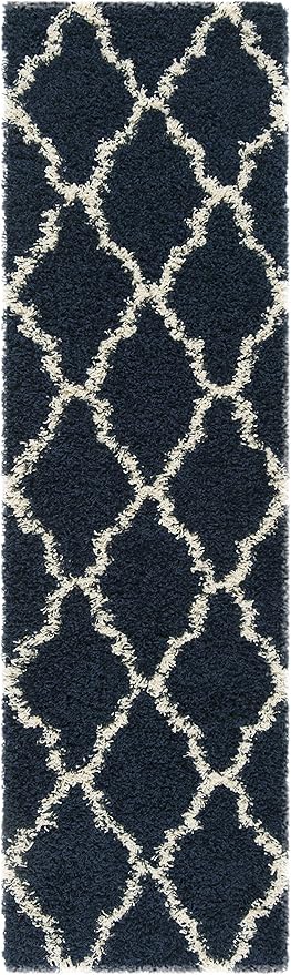 SAFAVIEH Dallas Shag Collection Runner Rug - 2'3" x 16', Navy & Ivory, Trellis Design, Non-Shedding & Easy Care, 1.5-inch Thick Ideal for High Traffic Areas in Living Room, Bedroom (SGD257N)