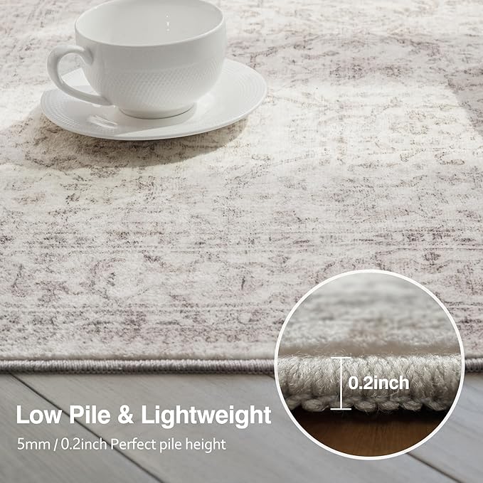 FMFUNCTEX 5x7 Washable Area Rug Neutral Vintage Beige Non Slip Low Pile Traditional Indoor Carpet for Living Room Bedroom Soft Retro Floral Mat Throw Rug for Dining Office Kitchen Dorm Entryway