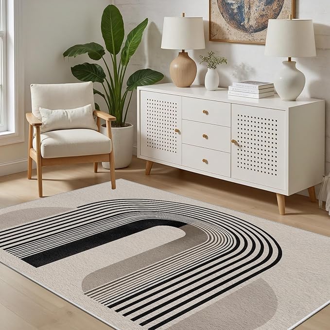 Modern Washable Rug for Living Room 7x9, Boho Abstract Striped Area Rugs, Soft Non Slip Low Pile Farmhouse Carpet for Bedroom Dining Room Kitchen, Stain Resistant, Pet Friendly, Beige Black