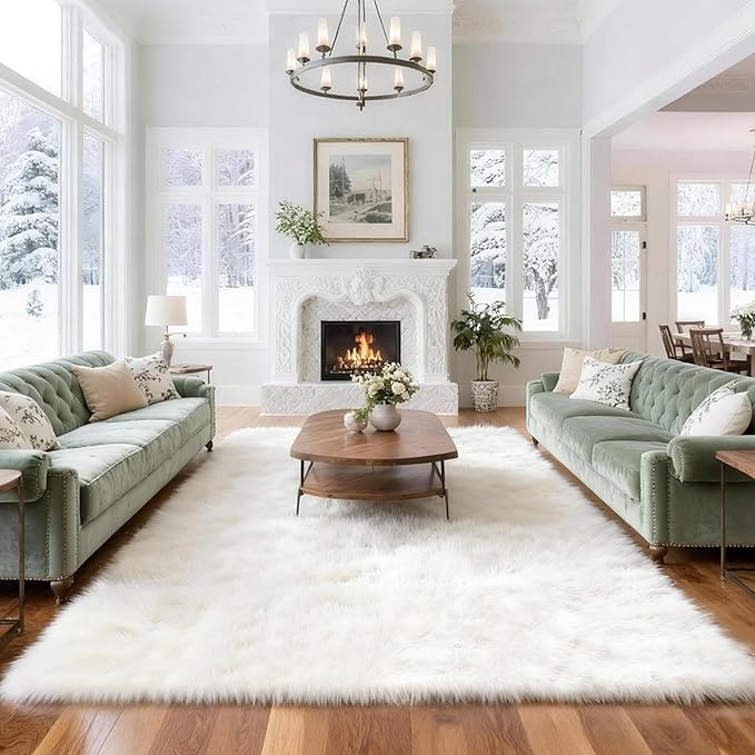 8x10 Solid Fluffy White Area Rug – Washable, Durable, Extra Large Living Room Rug, Non-Slip High Pile Shag Rugs for Bedroom, Playroom, Nursery Rooms, Kids Room, Soft Indoor Floor Carpet Decor