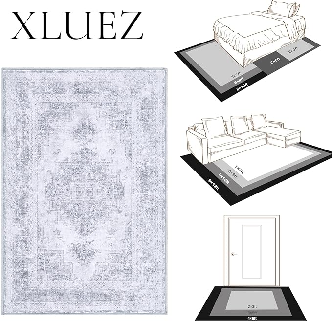 Area Rug 9x12 Living Room Rug, Machine Washable Vintage Distressed Medallion Rug Non-Slip Soft Low Pile Large Indoor Rugs for Bedroom Kitchen Dining Room Office(LightGrey,9'x12')