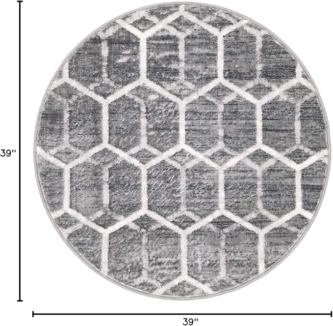 Rugs.com Lattice Trellis Collection Rug – 3 Ft Round Gray Low-Pile Rug Perfect for Kitchens, Dining Rooms