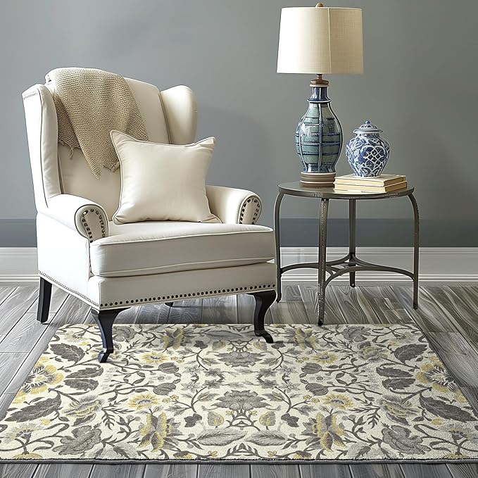 EVERGRACE Area Rugs for Living Room 3x5, Boho Floral Faux Wool Indoor Outdoor Rugs, Washable Rugs for Bedroom Entryway Dining Room Hallyway, Low Pile Floor Mat Carpet for Home Decor, Gray