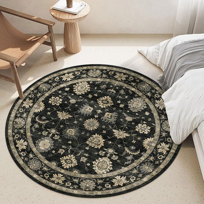 Washable Round Area Rug 4ft - Charcoal Black Traditional Floral Living Room Circle Rug 4x4 Non-Slip Farmhouse Carpet Soft Vintage Boho Round Rugs for Bedroom Bathroom Kitchen Entryway