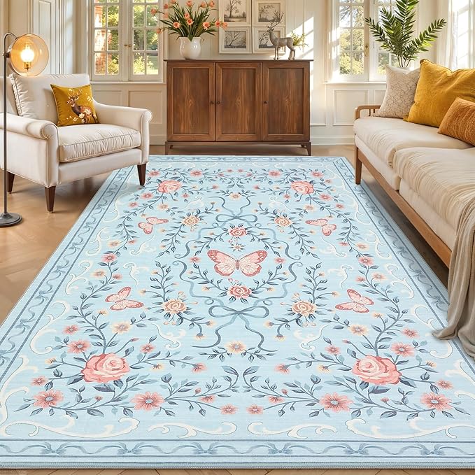 GarveeHome 3x5 Small Area Rug for Bedroom Floral Washable Rugs Non Slip Stain Resistant Living Room Throw Carpet Low Pile Dining Room Blue Area Rug Butterfly Bow Rugs for Nursery Home Decor, 3x5