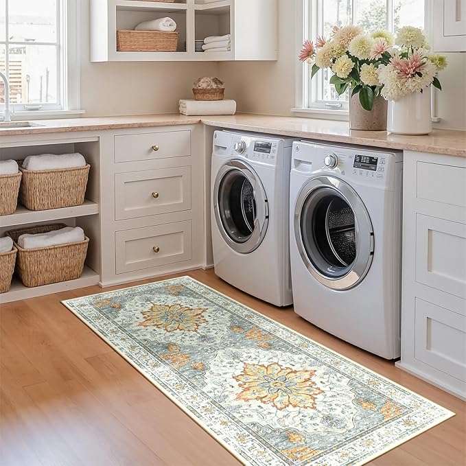 Area Rugs 2'x5' Washable Non-Slip, Floral Vintage Distress Print Pattern Medallion Carpet for Living Room Bedroom Dining Room, Light Yellow Carbon Grey Orange