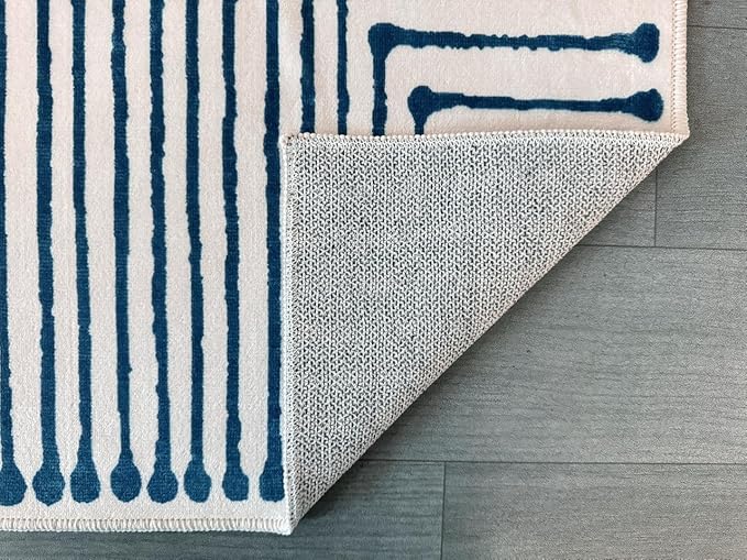 GLN Rugs Contemporary Collection - Machine Washable Area Rug, Contemporary Washable, Non Slip, Low Pile Chenille Rug, Living Room, Bedroom, Kitchen Rug (8' x 10' Blue Ivory)