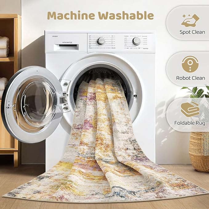 7x9 Area Rugs Living Room: Washable Large Abstract Modern Soft Stain Resistant Indoor Floor Rugs Non-Slip Accent Carpet for Bedroom Nursery Playroom Office Dining Room Dorm Home House- Gold Colorful