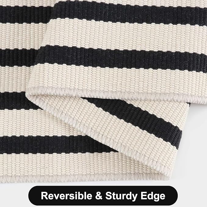 Striped Outdoor Rugs 3'x5', Cotton Hand Woven Rug Front Door Mat,Washable Reversible Layered Door Mats, Foldable Front Porch Rug for Entryway/Home Entrance/Farmhouse(Black and White)