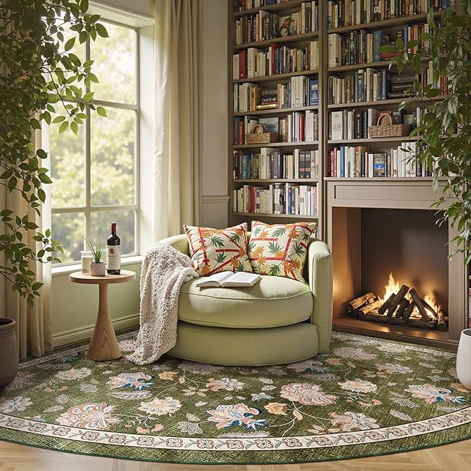 jinchan Elora Floral Corner Rug for Living Room Washable Bedroom Rug Vintage Romance Design Non Slip Quarter Circle Lightweight Low-Pile Throw Carpet for Reading Nook Playroom,7ft Radius, Green