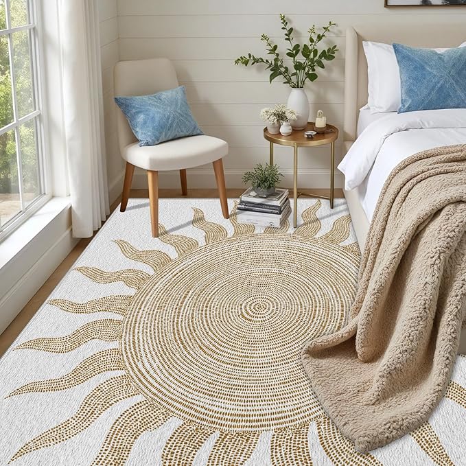 Boho Washable Rugs for Bedroom 6x8, Modern Sun Print Soft Minimalism Area Rug, Non Slip Low Pile Abstract Carpet for Classroom Living Room Decor Dining Room Sofa Kids Nursery Room, Beige Yellow
