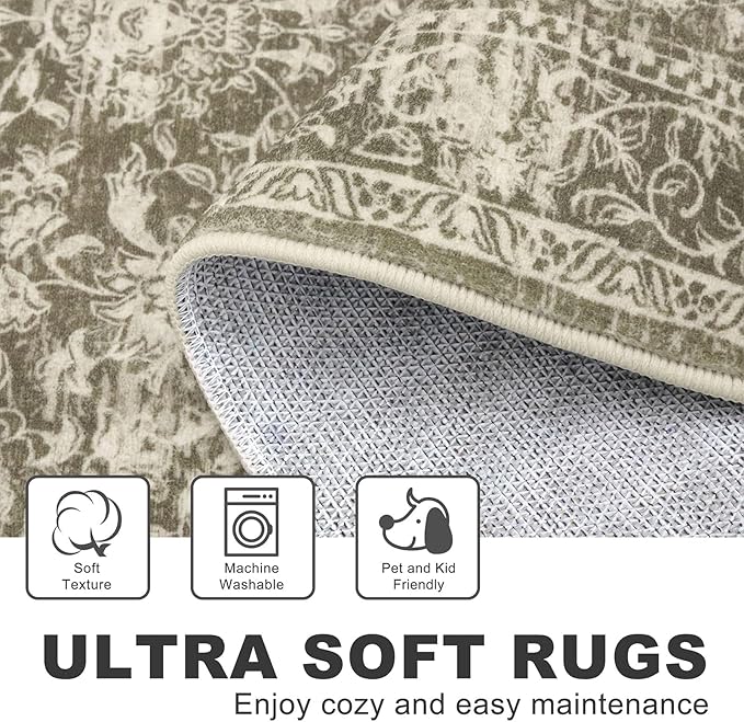 KILOCOCO Area Rug 3x5 Entryway Rug Washable Printed Vintage Floral Rubber Backed Non Slip Indoor Kitchen Rugs for Living Room Laundry Room Playroom Mudroom Moroccan Area Rugs, Taupe/Green