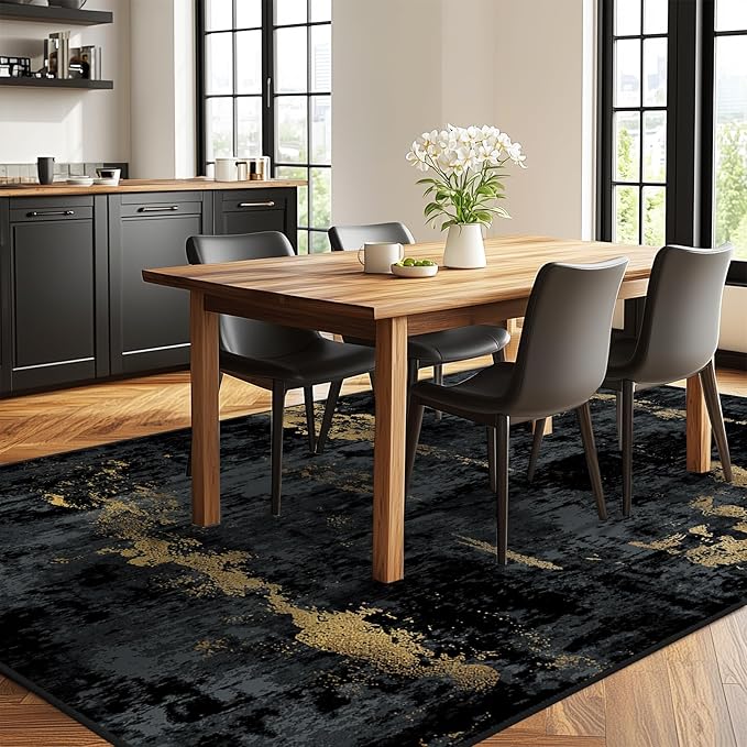 Washable Area Rugs 8'x10' Non-Slip Modern Abstract Soft for Living Room Entryway Bedroom Nursery, Print Pattern, Dark Black Gold