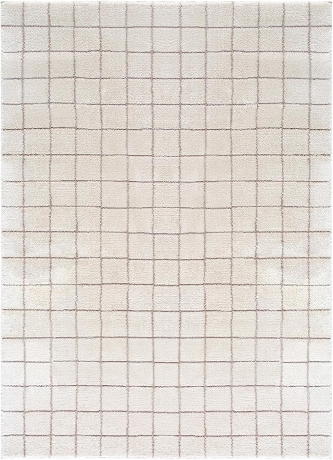 Livabliss x Our PNW Home Cascade Minimalist Grid Area Rug, 10' x 14', Grid Ivory/Taupe