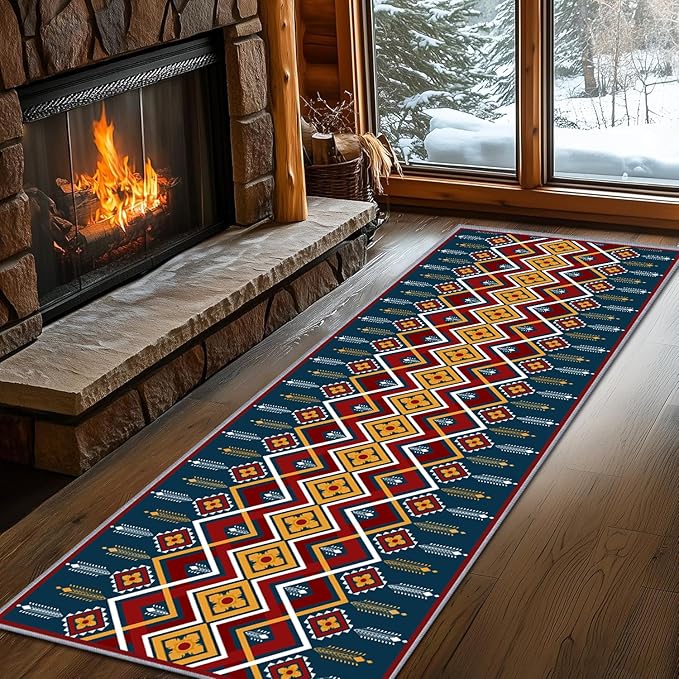 Dark Blue Runner Rug, 2x8ft Red Yello Diamond Hallway Decor Carpet, Corridor & Foyer Long Accent Rug, Entrance Non-Slip Mat Washable Rugs, Southwestern Stylish Home Decor Runner