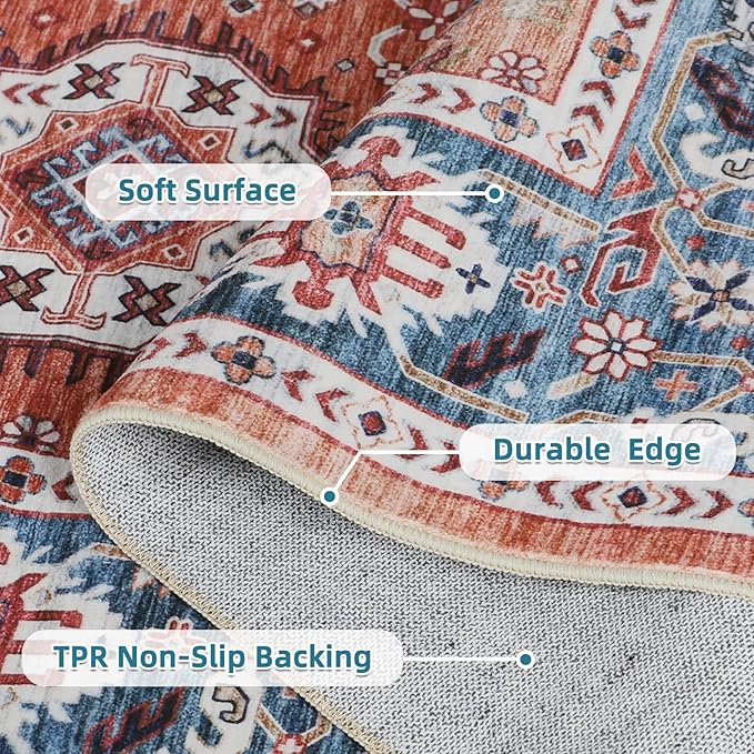 Dripex Vintage Washable Area Rug - 5x8 Distressed Rugs for Living Room Bedroom Oriental Medallion Floral Print Carpet Low-Pile Indoor Soft Non-Slip Accent Rug Farmhouse Office Home Decor