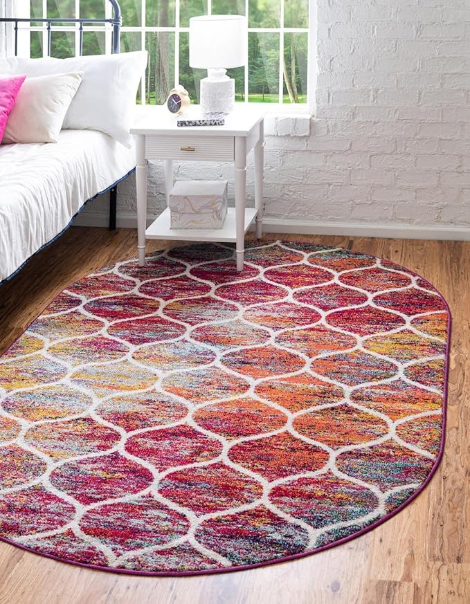 Rugs.com Lattice Frieze Collection Rug – 6' x 9' Oval Multi Medium Rug Perfect for Living Rooms, Large Dining Rooms, Open Floorplans