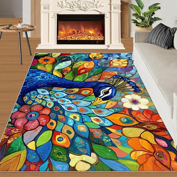 Boho Peacock Rug Small - 3x4 Rug, Colorful Peacock Washable Rugs for Living Room, Teal Turquoise Carpet, Modern Style Non-Slip Area Rugs for Bedroom, Aesthetics Carpet - Peafowl Home Decor & Gifts