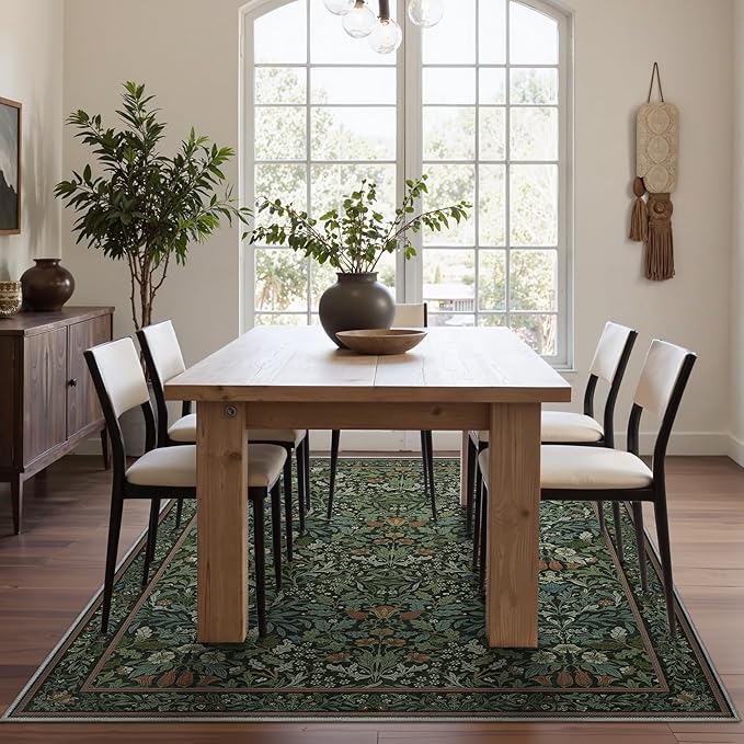 Bavni Floral Dark Green Area Rugs 5x7, Vintage Boho Carpet Machine Washable, Non Slip Soft Low Pile Thin Rug for Bedroom, Living Room, Dining Room, Nursery