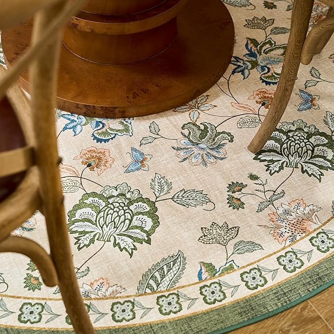 jinchan Elora 4ft Floral Round Rug for Entryway Washable Kitchen Rug Vintage Romance Design Non Slip Indoor Doormat Lightweight Low-Profile Throw Carpet for Living Room Dining Room, Green/Beige