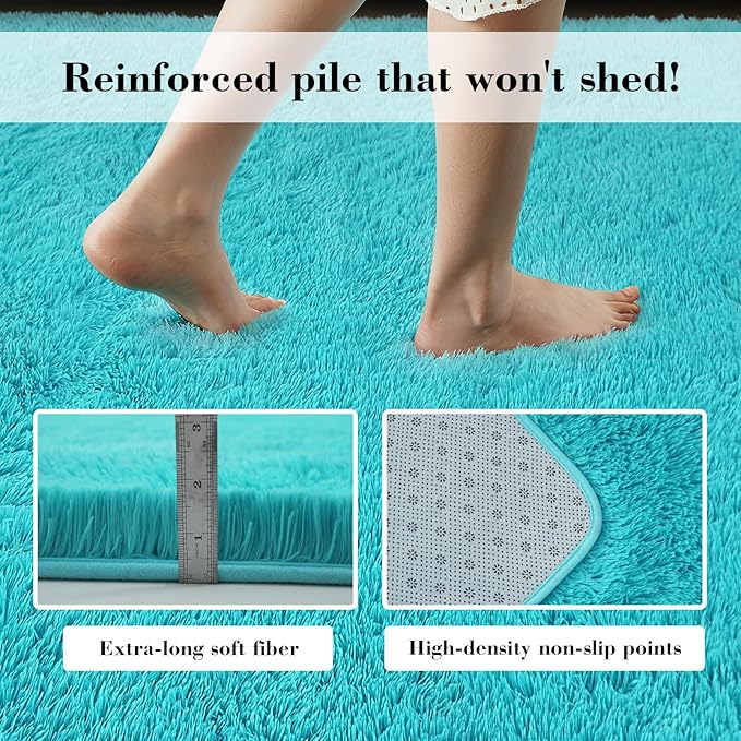 Teal Blue Rug Fluffy Rugs, 3x5 Teal Area Rugs for Bedroom, Soft Cute Baby Play Mat, Indoor Floor Carpet for Teen, Nursery, Preppy Dorm, Plush Aesthetic Bedside Rug