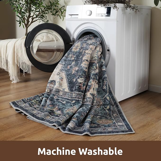 AMOAMI-2X6 Runner Rug-Washable Runners for Hallways-Soft Non Slip Bedside Rugs for Bedroom-Vintage Long Rug for Hallways Entryway Laundry Room Stair Kitchen Bathroom Blue