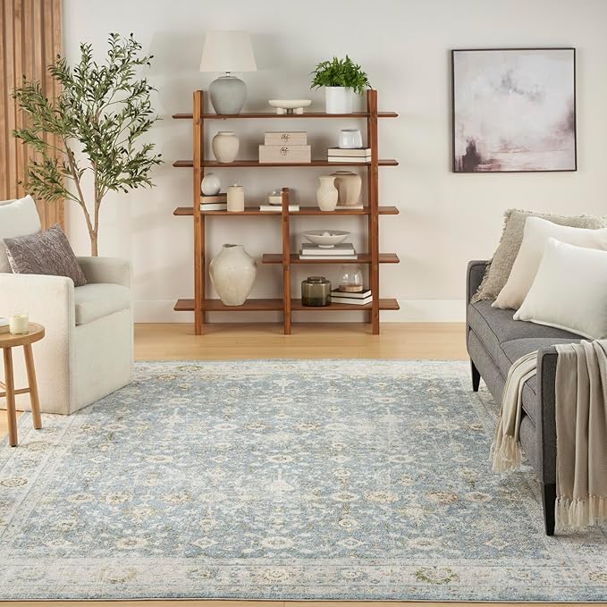 Nourison Home Astra Machine Washable Teal Beige 6'7" x 9' Area Rug Easy Clean, Non Shedding, Bed Room, Living Room, Dining Room, Kitchen (7' x 9')