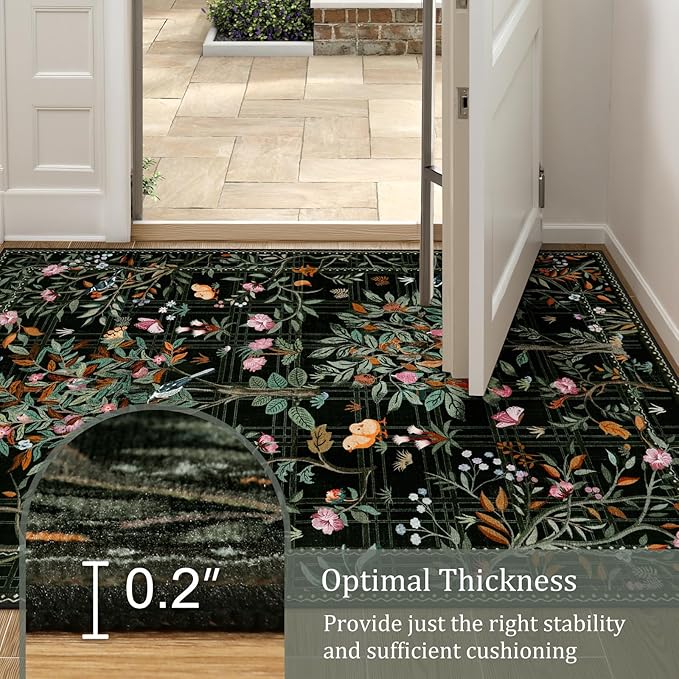 Morebes Boho Flower Rug for Living Room Non Slip, Washable Area Rugs 5x7, Soft Black Floral Birds Low-Pile Floor Indoor Throw Carpet for Bedroom Dining Room Dorm Playroom Foyer Office