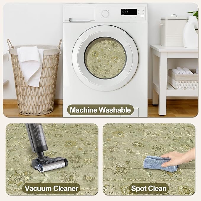 Tangsoo Floral Vintage Rug 2x3 Washable Rug for Entryway, Non Slip Small Area Rugs, Indoor Front Door, Print Distressed Green Door Mat Carpet, Soft Low Pile Rugs for Entrance Kitchen Bedroom
