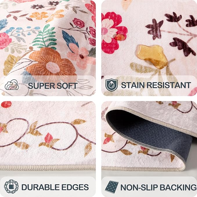 8x10 Area Rugs for Living Room Clearance Washable Boho Area Rug, Vintage Floral Non Slip Low Pile Large Rug for Living Room, Bedroom, Dining Room, Farmhouse (8 x 10 Beige Red)