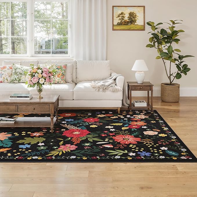 Living Room Rug 6x9 Rug Machine Washable Boho Area Rug Non Slip Floral Vintage Low Pile Large Rugs for Living Room, Bedroom, Farmhouse, Dining Room (Black)