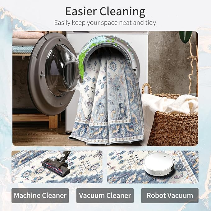 Enkor Runner Rug for Hallway, 2x10 Washable Soft Non Slip Floor Rugs for Kitchen, Modern Mat for Living Room Bedroom Entryway Blue & White