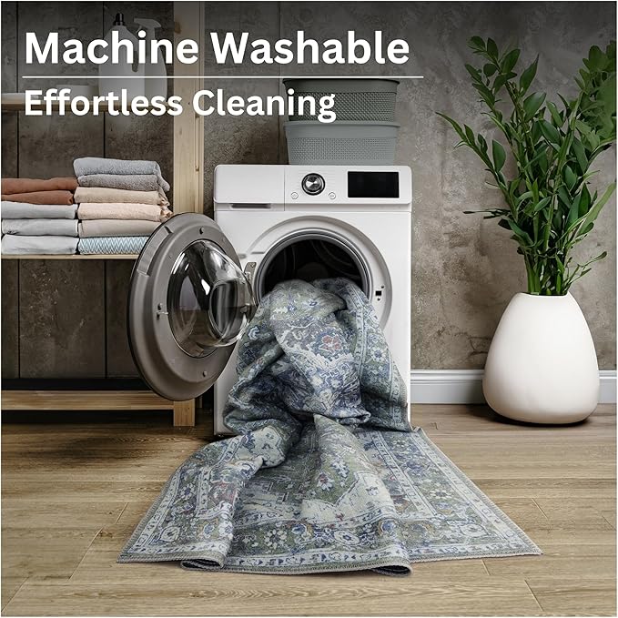 Bloom Rugs Washable Non-Slip 10 ft Runner - Green/Blue Traditional Medallion Runner for Entryway, Hallway, Bathroom, and Kitchen - Exact Size: 2.5' x 10'