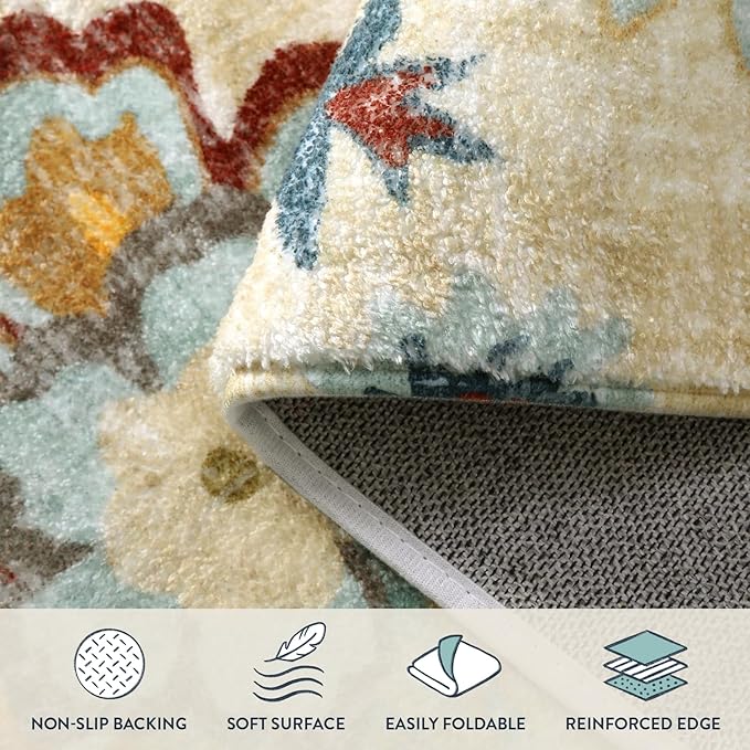 Lahome Floral Washable Rug for Living Room - Area Rugs 5x7 Non-Slip Lightweight Bedroom Throw Soft Kid Room Nursery Carpet, Boho Beige Paisley Print Indoor Carpet for Office Dining Room Kitchen
