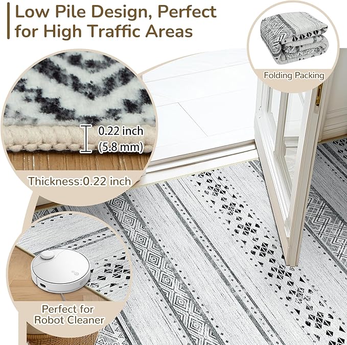 BESTSWEETIE 4x6 Area Rugs for Living Room Washable Moroccan Farmhouse Neutral Geometric Low Pile Non-Slip Soft Print Pattern Rug for Bedroom Kitchen Dining Room Entryway Grey/Black/Navy