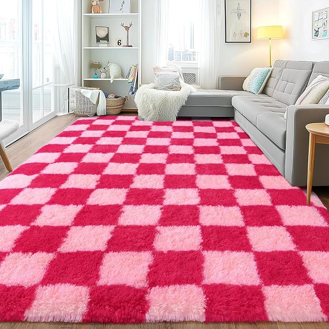 Area Rugs for Living Room, Soft Shaggy Carpets for Living Room, Fuzzy Rugs for Kids' Room, Perfect Decor for Modern Home Hot Pink Grid 4x6 Feet