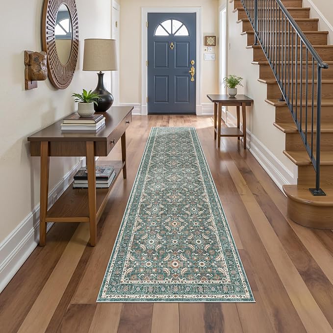WITSHOCK Washable 3x12 Long Runners Rugs for Hallways,Vintage Neutral Hallway Rugs for Entryway Kitchen Bedroom,Vintage Farmhouse Home Decor(Teal Blue,3x12)