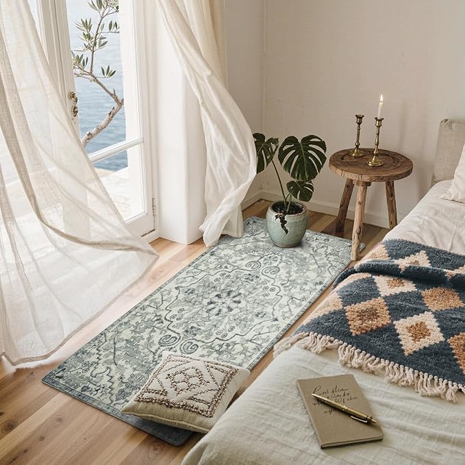 Lahome Washable Runner Rug 2x5, Bohemian Laundry Room Rug Low Pile Bathroom Runner Rugs with Rubber Backing, Printed Non-Slip Throw Carpet Runners for Kitchen Hallway Bedside, Beige