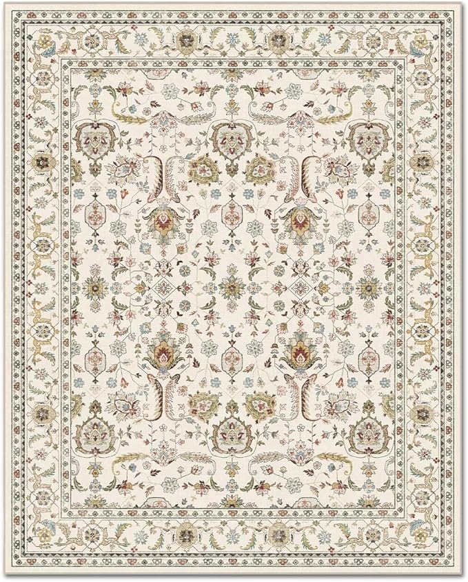 Washable 10x14 Area Rugs for Living Room, Boho Non-Slip Vintage Distress Large Rugs for Bedroom Dining Room Office, 0.3" Neutral Oriental Throw Thin Carpet, Beige/Rust/Green/Multi